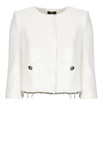 Shop Elisabetta Franchi Tweed Lurex Blazer In Ivory