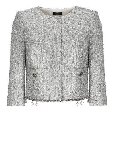 Shop Elisabetta Franchi Tweed Lurex Blazer In Silver