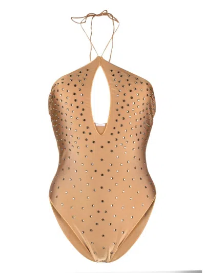 Shop Oseree Sand Stone Gem Necklace Maillot Swimsuit In Brown