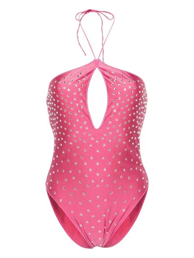 Shop Oseree Flamingo Gem Necklace Maillot Swimsuit In Pink