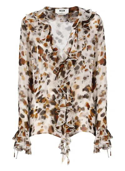 Shop Msgm Watercolour Leopard Blouse Shirt In Beige