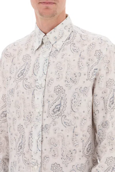 Shop Brunello Cucinelli Linen Shirt With Paisley Pattern In Brown Prussia (white)