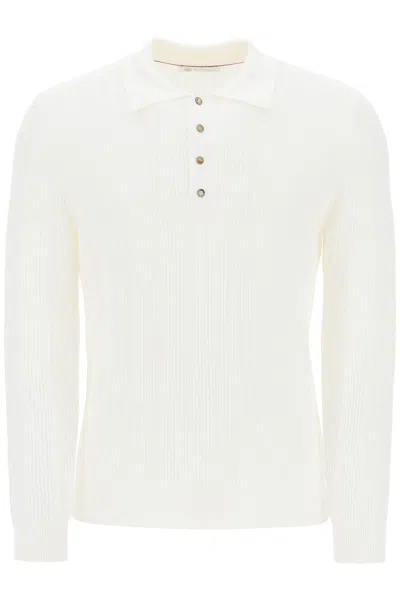 Shop Brunello Cucinelli Long-sleeved Knitted Polo Shirt In Panama (white)