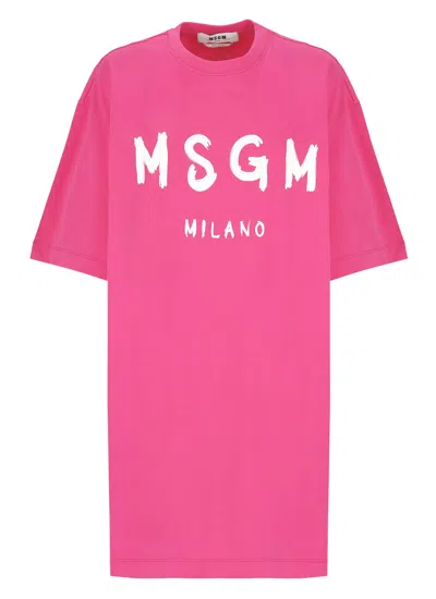 Shop Msgm Dress With Logo In Fuchsia