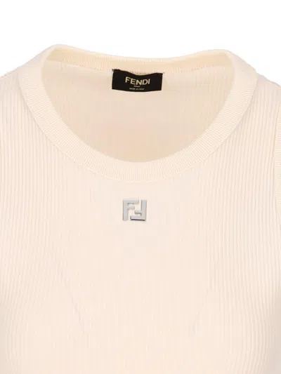 Shop Fendi Logo Plaque Ribbed-knit Top In Bianco