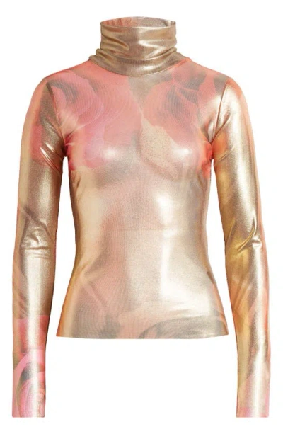 Shop Afrm Zadie Foil Print Turtleneck Top In Golden Nude Rose