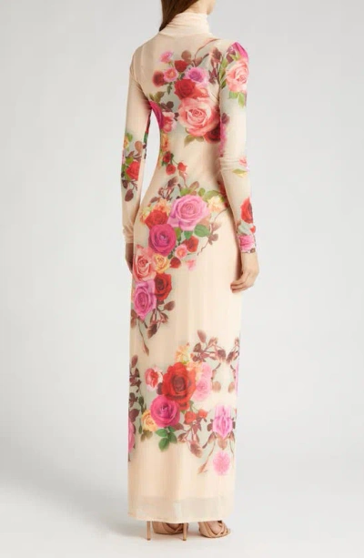 Shop Afrm Billie Print Long Sleeve Semisheer Dress In Beige Rose Swirl
