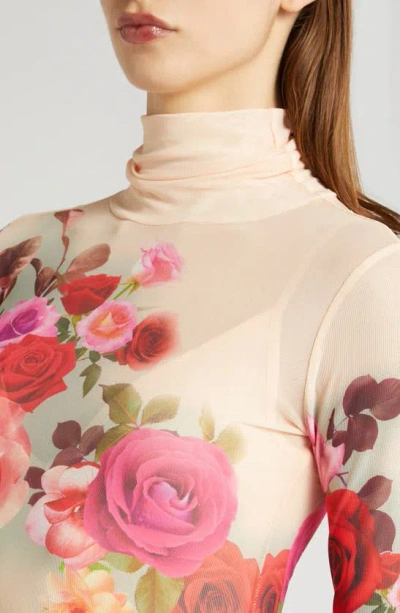 Shop Afrm Billie Print Long Sleeve Semisheer Dress In Beige Rose Swirl