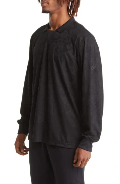 Shop Nike Dri-fit Tech Pack Floral Jacquard Long Sleeve Polo In Black/ Dark Smoke Grey
