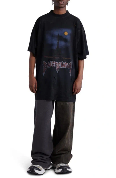 Shop Balenciaga Paris Moon Oversize Distressed Cotton Graphic T-shirt In Black