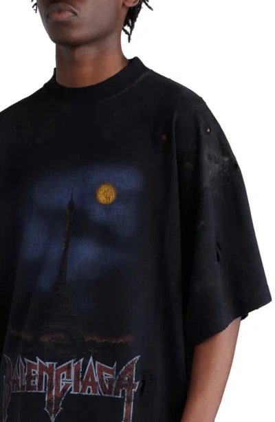 Shop Balenciaga Paris Moon Oversize Distressed Cotton Graphic T-shirt In Black