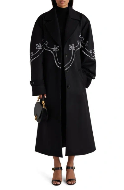 Shop Chloé Embroidered Belted Wool Coat In Black