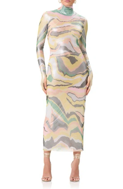 Shop Afrm Shailene Foil Long Sleeve Dress In Soft Linear Abstract
