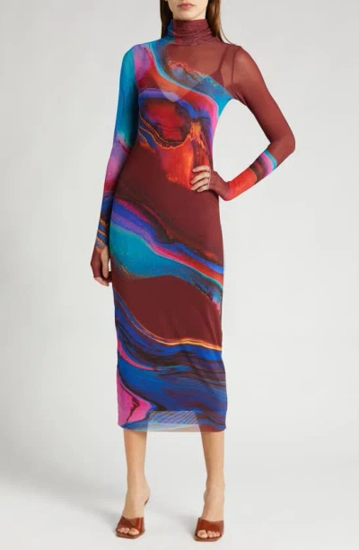 Shop Afrm Shailene Long Sleeve Turtleneck Mesh Dress In Ocean Marble