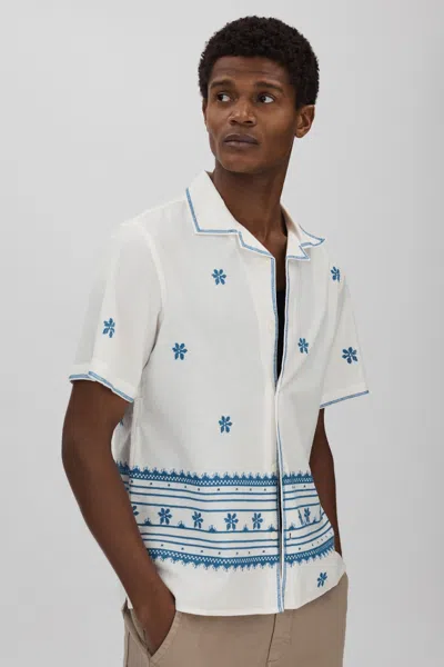 Shop Wax London Relaxed Cotton Linen Embroidered Shirt In Blue/ecru