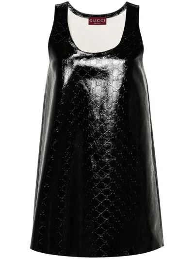 Shop Gucci Black Gg-debossed Leather Mini Dress