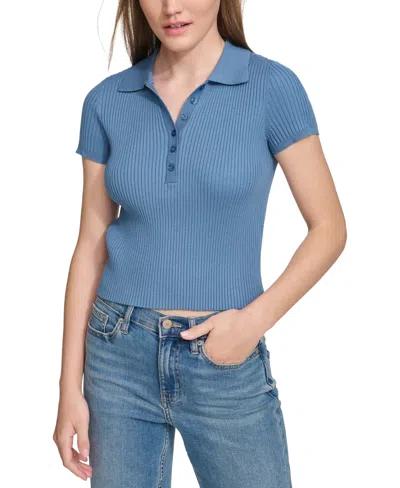 Shop Calvin Klein Jeans Est.1978 Women's Ribbed Short-sleeve Polo Shirt In Stormy Blue