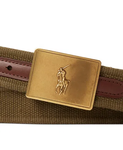 Shop Polo Ralph Lauren Men's Pony Plaque Canvas & Leather Belt In Canopy Olive,brown