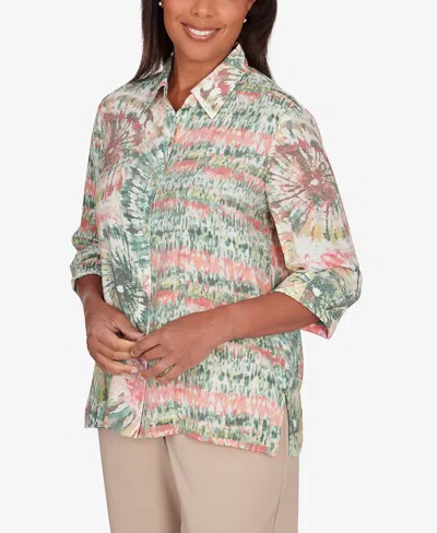 Shop Alfred Dunner Petite Tuscan Sunset Tie Dye Button Down Blouse In Multi