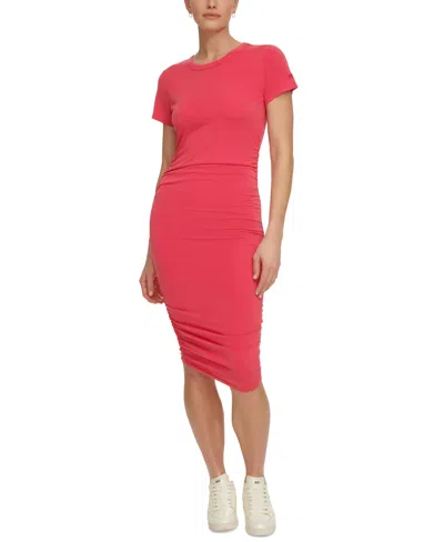 Shop Dkny Sport Women's Ruched Short-sleeve Dress In Virtual Pink
