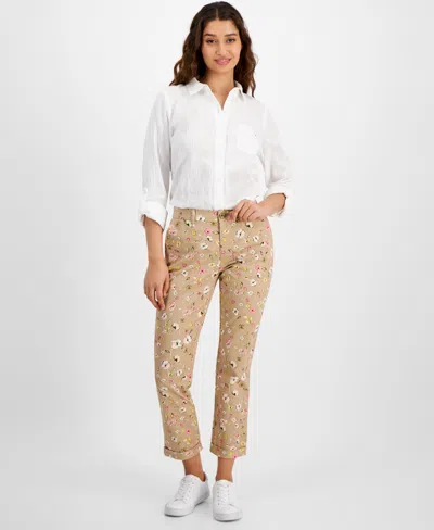 Shop Tommy Hilfiger Women's Floral-print Ditsy Hampton Chino Rolled-cuff Pants In Sand Combo