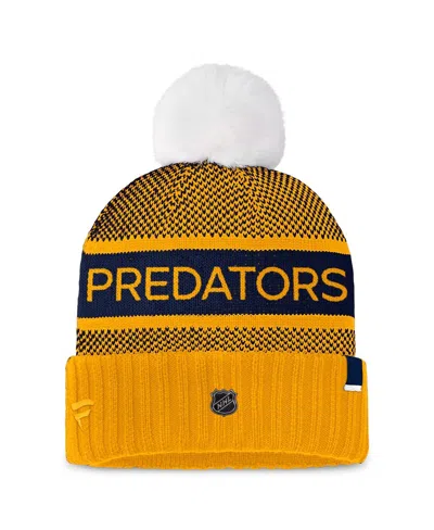 Fanatics Women's  Gold, Navy Nashville Predators Authentic Pro Rink Cuffed Knit Hat With Pom In Gold,navy