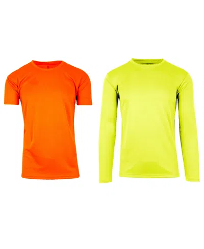 Galaxy By Harvic Men's Short Sleeve Long Sleeve Moisture-wicking Quick Dry Performance Crew Neck Tee-2 Pack In Neon Green-neon Orange