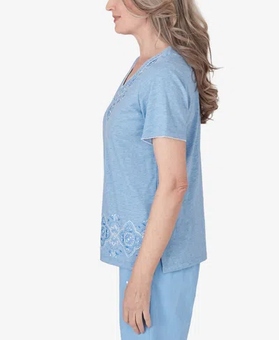 Shop Alfred Dunner Petite Hyannisport V-neck Embroidered Medallion Top In Cornflower Blue