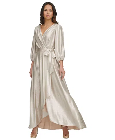 Shop Dkny Women's Metallic Textured Faux-wrap Gown In Champagne,silver