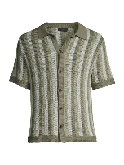 Shop Vince Men's Crochet-knit Cotton Button-front Shirt In Dried Cactus Combo