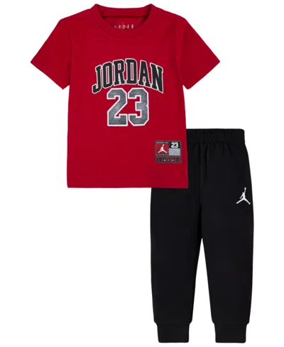 Shop Jordan Baby Boys Jersey Pack T-shirt And Jogger Pants Set In Black,gym Red