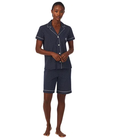 Shop Lauren Ralph Lauren Women's 2-pc. Notched-collar Bermuda Pajamas Set In Navy Dot