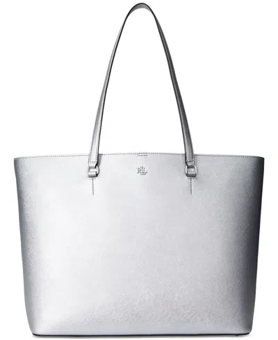 Shop Lauren Ralph Lauren Karly Crosshatch Leather Large Tote In Polished Silver
