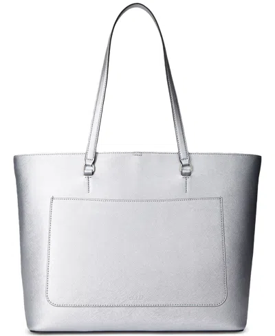 Shop Lauren Ralph Lauren Karly Crosshatch Leather Large Tote In Polished Silver