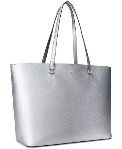 Shop Lauren Ralph Lauren Karly Crosshatch Leather Large Tote In Polished Silver