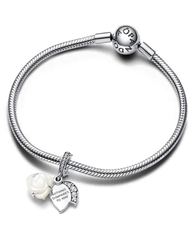 Pandora White Rose Bloom Double Dangle Charm In Sterling Silver In Silver