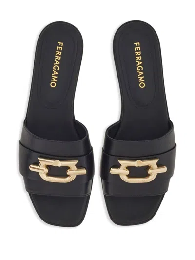Shop Ferragamo Gancio Leather Flat Sandals In Black
