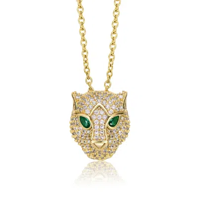 Rachel Glauber Rg 14k Yellow Gold Plated With Emerald & Cubic Zirconia 3d Panther Head Pendant Layering Necklace In Green