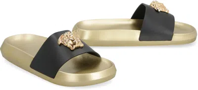 Shop Versace La Medusa Rubber And Calfskin Slides In Gold