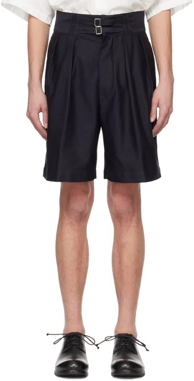 Shop Kaptain Sunshine Navy Pleated Shorts