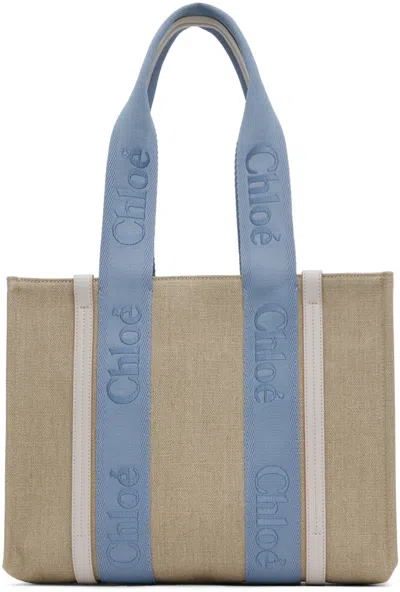 Shop Chloé Beige Medium Woody Tote In 4e2 Washed Blue