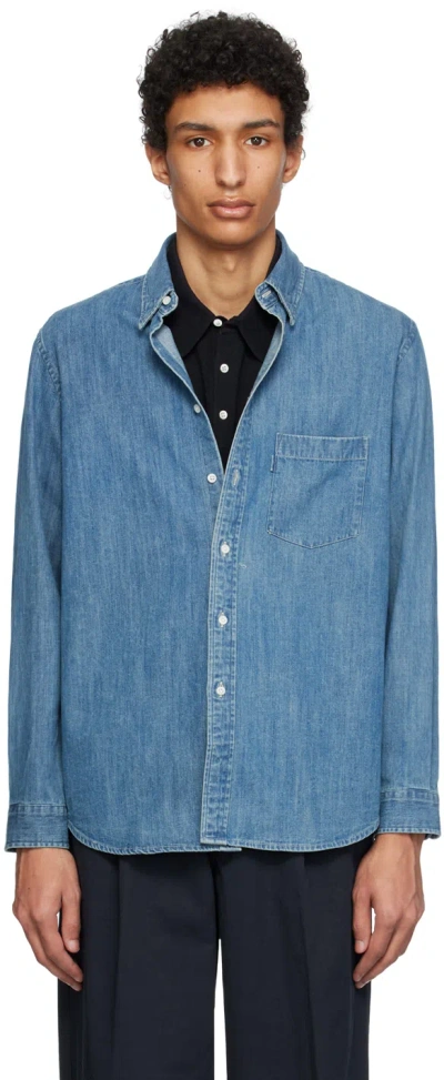 Shop Pottery Blue Button Down Denim Shirt In Mid Blue