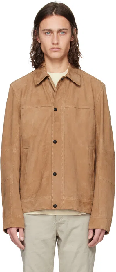 Shop Hugo Boss Beige Regular-fit Leather Jacket In 246-open Brown