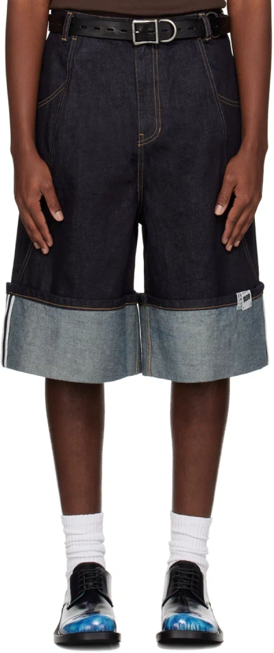 Shop Ader Error Indigo Paneled Denim Shorts In Blue