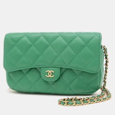 Pre-owned Chanel Lambskin Green Phone Case Chain Wallet