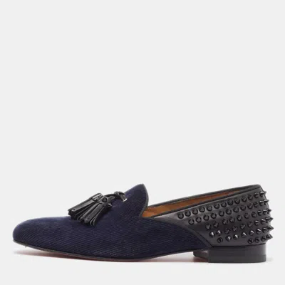Pre-owned Christian Louboutin Navy Blue Velvet And Leather Tassilo Spike Loafers Size 42.5