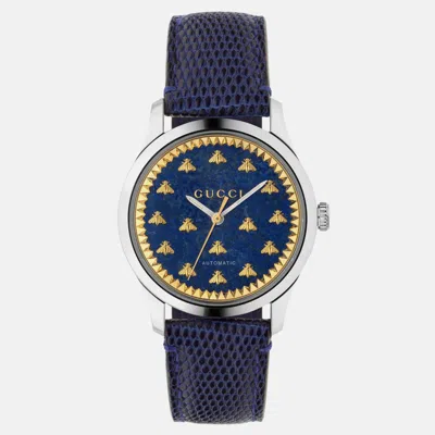 Pre-owned Gucci G-timeless Blue Lapiz & Gold Bee Motif Automatic Unisex Watch 42 Mm