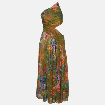 Pre-owned Zimmermann Olive Green Floral Print Cotton Tropicana Asymmetric Dress M