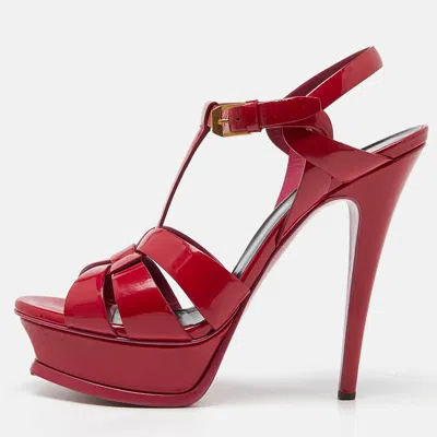 Pre-owned Saint Laurent Fushia Patent Leather Tribute Platform Sandals Size 37.5 In Red