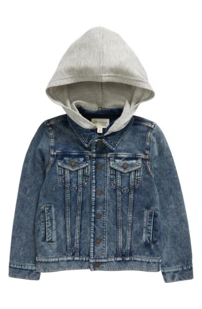 Shop Tucker + Tate Kids' Knit Denim Jacket With Removable Hood In Mid Blue Wash